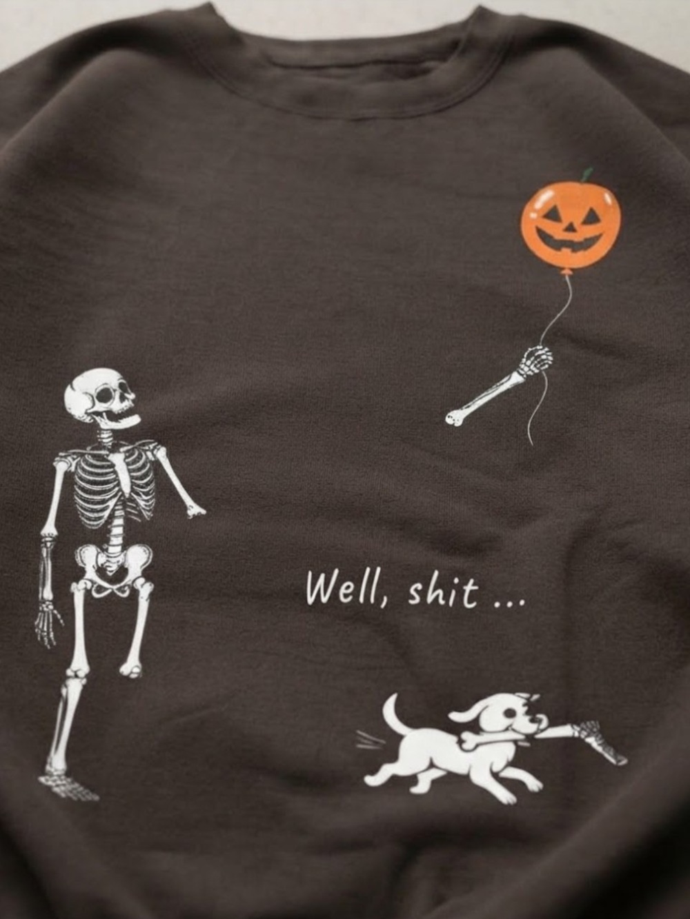Funny Skeleton Dog Pumpkin Balloon Graphic Brown Gildan Sweatshirt - Picture 2 of 2